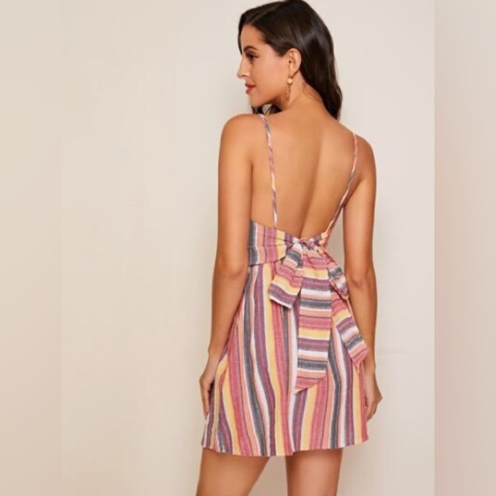 Tie Back Linen Stripe Dress